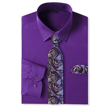 Imagem de Cromoncent Camisa social masculina de manga comprida e conjunto de gravata, Conjunto roxo - A, 4G
