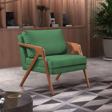 Imagem de Poltrona Decorativa Mona Premium Linho Verde Base Madeira Maciça