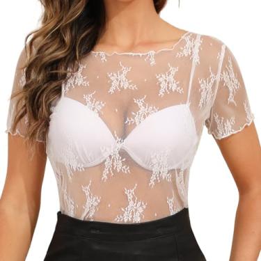 Imagem de Kintarkee Top de malha transparente para mulheres, gola redonda, renda floral, sexy, camiseta transparente, F-branco (manga curta), 3G