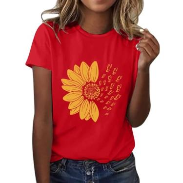 Imagem de Duobla Camiseta feminina com estampa de flores de verão camisetas casuais soltas manga curta gola redonda camisetas fofas 2024 moda, A-2-vermelho, GG