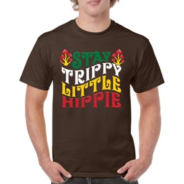 Imagem de Camiseta masculina Stay Trippy Little Hippie Puff Print Hippies Vintage Peace Love Happiness Retro 70s Cogumelos, Marrom, P