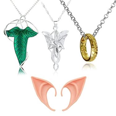 Imagem de UoYu 4 peças Arwen Colar Estrela Noturna Anel Pingente Corrente Colar Elfo Folha Verde Broche Pingente Colar Orelhas de Elfo Conjunto, Zinco, Sem Pedra Preciosa