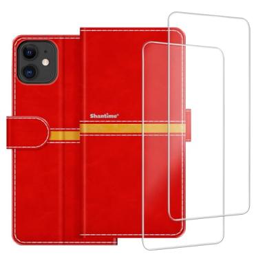 Imagem de ESACMOT Capa de celular compatível com iPhone 12 5.4 + [2 unidades] película protetora de tela de vidro, capa protetora magnética de couro premium para iPhone 12 Mini (5,4 polegadas), vermelha