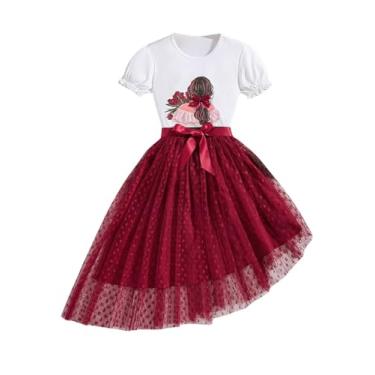 Imagem de Floerns Conjunto de camisetas femininas de manga curta com estampa floral e saia de malha de 2 peças, Vermelho, 8Y
