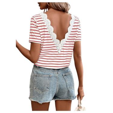 Imagem de Floerns Camisetas femininas listradas com acabamento em renda frente única manga curta gola V, Vermelho e branco., G
