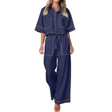 Imagem de Tankaneo Conjunto feminino casual de 2 peças, camisa com colarinho de botão, calça larga e bolsos, Azul marino, Small