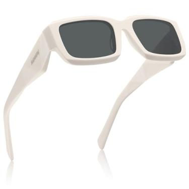 Imagem de AVAWAY Óculos de sol retangulares polarizados, mulheres, homens, modernos, modernos, proteção Uv400, armação retrô de acetato AV751, 05: armação branca e lente cinza, M