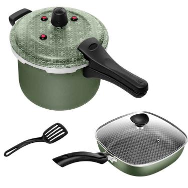 Imagem de Kit Frigideira Quadrada Antiaderente Funda N° 23 + Panela De Pressão Fechamento Externo 5L Verde Patolux