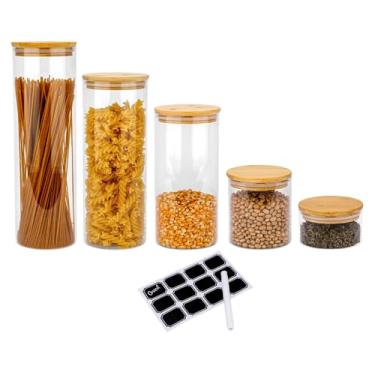 Imagem de Kit 5 Potes De Vidro Herméticos Redondo Biscuitt Orbb Mantimentos Tampa Bambu