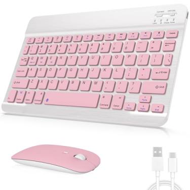 Imagem de Conjunto de teclado e mouse Bluetooth recarregável, conjunto universal ultrafino de teclado sem fio para Android, Windows, iPad, iPhone, Samsung, tablet, conjunto de teclado compacto portátil (rosa)