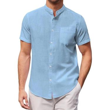 Imagem de Camisa de praia, camisas masculinas de manga curta de algodão e linho com gola plus size, camisa casual de verão com botões, camisas de praia, vestido de praia tropical, camisas diárias para