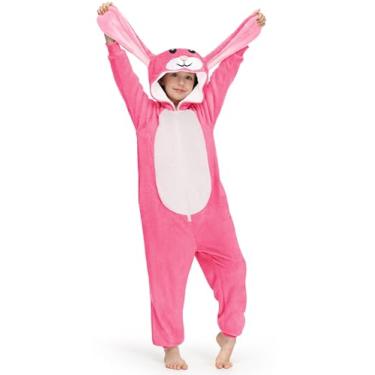 Imagem de BesserBay Macacão infantil unissex fofo de animal felpudo, com capuz, de 4 a 14 anos, Rosa | Macacão de coelho, 8 Anos