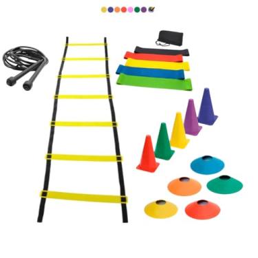 Imagem de Kit Treino Funcional Agilidade Escada 7 Degraus 5 Cones 5 Chapéus 1 Kit Mini Bands 1 Corda de Pular