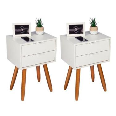 Imagem de Kit 2 Mesas Cabeceira Retrô 40Cm Branco Pés Palito 2 Gavetas - Fl Deco