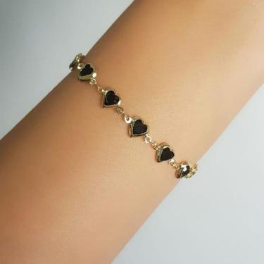 Imagem de Pulseira Corações Cristal Negra Banhado a Ouro - Lazzuli Joias