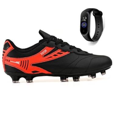 Imagem de Kit Chuteira Futebol em Couro Campo Grama Natural + Relogio Adulto - R