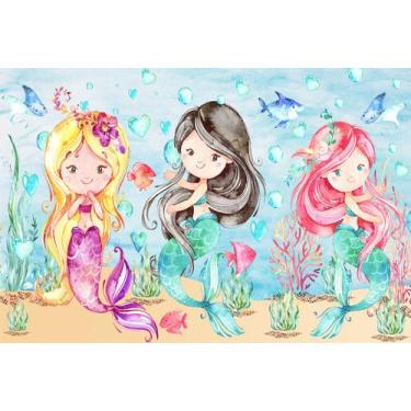 Imagem de Painel de Lona Sereias Aquarela Fundo do Mar Trio - Fabrika de Festa, 