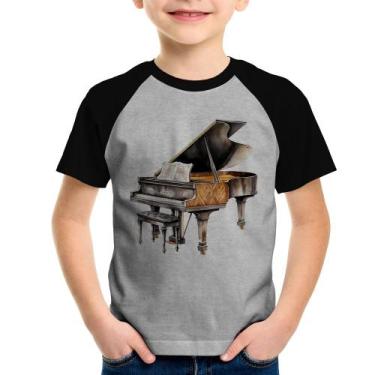 Imagem de Camiseta Raglan Infantil Piano Arte - Foca na Moda, Cinza, Preto, 10