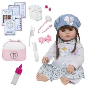 Imagem de Bebe Tipo Reborn Silicone Bolsa Kit 20 Itens Pode Dar Banho - Cegonha 