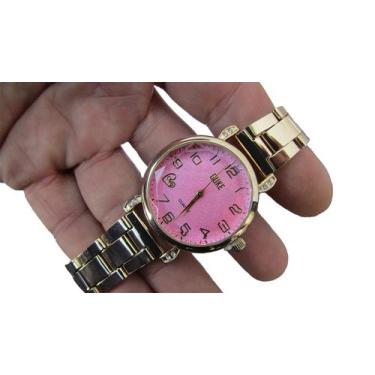 Imagem de Relogio Feminino Fundo Rosa Quartzo Pulseira Dourada-R  - Pop