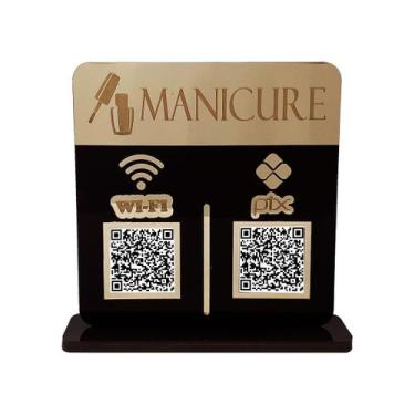 Imagem de Placa Display Logo e 2 Qr Code Pix e Wifi em Acrílico Dourado e Preto 