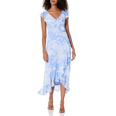 Imagem de London Times Vestido longo feminino de chiffon com babados e babados para convidadas de casamento, Dellarobia azul/branco macio, 25 Plus Size