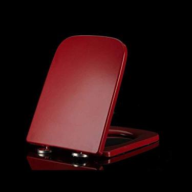 Imagem de Assento de vaso sanitário quadrado espesso com dobradiças de liberação de fechamento lento Tampa de vaso sanitário removível e fácil de limpar montada na parte superior para uso familiar, Red-W35,5cm