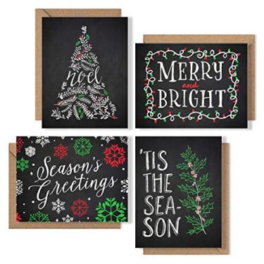 Imagem de Cartões de Natal embalados com envelopes - Conjunto de 8 cartões de Natal aconchegantes de giz com 8 envelopes - 4 designs exclusivos de lousa de cartão de Natal - Feito nos EUA pela Palmer Street