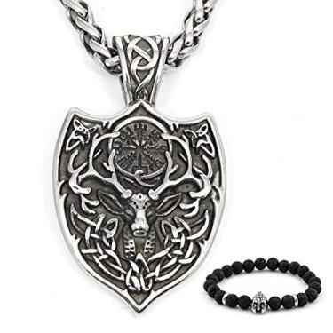 Imagem de Colar com pingente BaviPower Viking Helm of Awe Deer 4 mm Corrente de quilha Aço inoxidável Asatru Pagan Joia para homens e mulheres