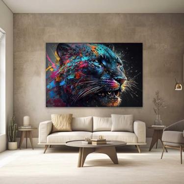 Imagem de Quadros Decorativos para Quarto Sala 40x60 Onça Colorida Grande Escritório Hall