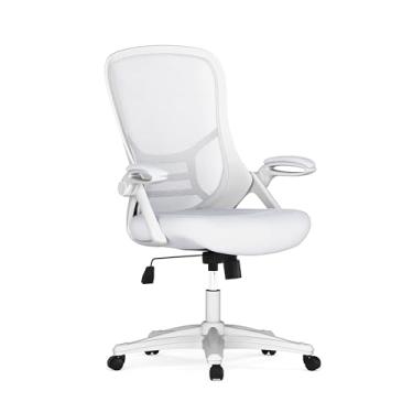 Imagem de Flash Furniture Cadeira de escritório ergonômica giratória de malha branca com encosto alto com moldura branca e braços articulados 67 cm D x 67 cm L x 112 cm A