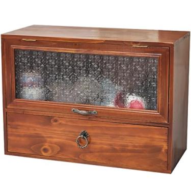 Imagem de Organizador de mesa vintage de vidro Millefiori – Caixa de gaveta de madeira com compartimento decorativo de abertura frontal de vidro – Armário de 2 camadas com 1 gaveta para mesa – Unidade