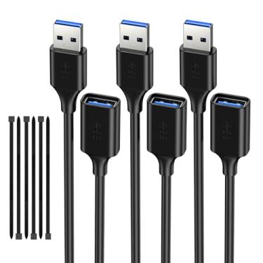 Imagem de Cabo extensor USB 3.0 (3 unidades), cabo de extensão USB 3.0, USB A macho para fêmea, compatível com pen drive USB, disco rígido, leitor de cartão, webcam, impressora, teclado, mouse, playstation, Xbox, fone de ouvido VR