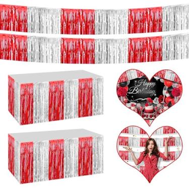 Imagem de Saias de mesa com franja metálica 4P para mesas retangulares pano de fundo de tinsel banner cortinas de guirlanda para desfile, boias de casamento, formatura, aniversário, decoração de festas de