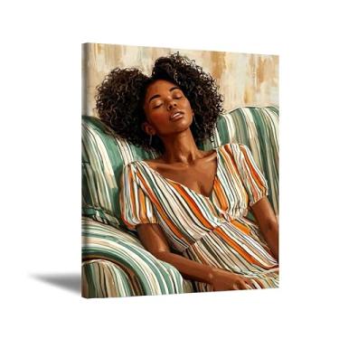 Imagem de Muflurir Arte de parede de mulheres negras fofas arte de parede afro-americana cabelo penteado menina dormindo no sofá pôsteres pinturas para parede arte de parede em tela para sala de estar 40,6 x