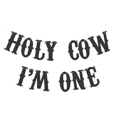 Imagem de Black Holy Cow I'm One Banner Tema Fazenda Bebê Menina ou Menino Decoração de Festa de 1º Aniversário para Cowboy Ocidental e Cowgirl Primeiro Rodeio Decorações de Aniversário Placa de Papel Glitter