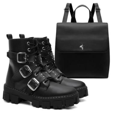 Imagem de Bota Coturno Feminino Preto Sola Tratorado Macio + Mochila- 45 - elefa