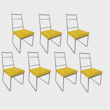 Imagem de Kit 07 Cadeiras Sala de Jantar Escritório Office Stark Industrial Ferro Prata Suede Amarelo - Ahz Móveis