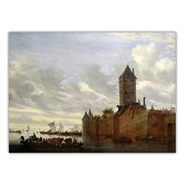 Imagem de Salomon van Ruysdael. Estuário com cidade fortificada. Reprodução famosa de arte de parede em tela para decoração de casa - 80 x 60 cm sem moldura
