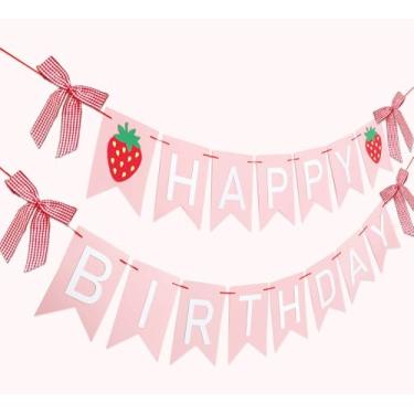 Imagem de JarThenaAMCS 2 peças de faixa de morango feliz aniversário 3D rosa branco faixa de papel de aniversário com laço de fita para decoração suspensa de escritório em casa