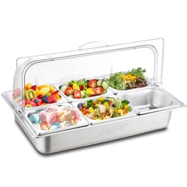 Imagem de Fajiduo Recipiente Para Exposição De Alimentos Com Gelo Bancada, Refrigerador Temperos E Molhos Salada, Bandeja Servir Em Aço Inoxidável, Dispensador Condimentos Buffet Tampa Transparente