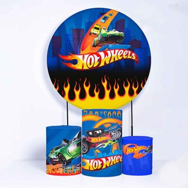 Imagem de Kit Painel de Festa Redondo de 1,80m e Trio de Cilindros Hot Wheels - Fera Print