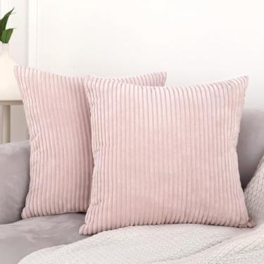 Imagem de Pacote com 2 capas de almofada decorativas de veludo cotelê rosa 61 x 61 cm, fronhas listradas, aconchegante, boho, decoração de casa, capa de almofada macia para sofá, cama, sala de estar, 60 x 60 cm