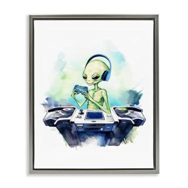 Imagem de Stupell Industries Arte de parede em tela flutuante com moldura cinza Tech Alien Playing Videogame, design de Lil' Rue, 25 x 31
