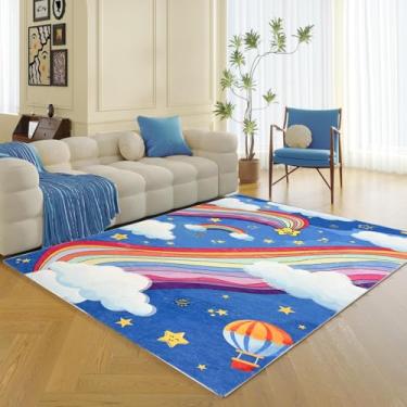 Imagem de Lacomfy Tapete infantil 3x5 com estampa de arco-íris colorido chique tapete de área de nuvem lavável macio para sala de jogos infantil tapete antiderrapante para sala de aula, quarto, decoração