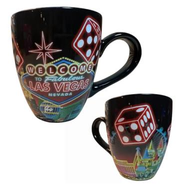 Imagem de Caneca de café Lembrança de Las Vegas – Copo de cerâmica preta de 473 ml com placa Welcome to Fabulous Las Vegas e dados neon – Presente de viagem