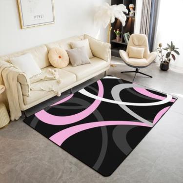 Imagem de Feelyou Tapete geométrico rosa branco preto 3x5 retrô círculo redemoinhos tapetes de sala de estar meninos meninas círculo listrado geométrico decorativo tapete geométrico arte abstrata tapete de chão