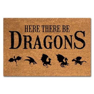 Imagem de Capacho engraçado de coco Here There Be Dragons Welcome Front Door Patio Varanda Decoração Capachos para Entrada Exterior Tapete Personalizado Resistente Antiderrapante Outdoor Novidade Tapetes de