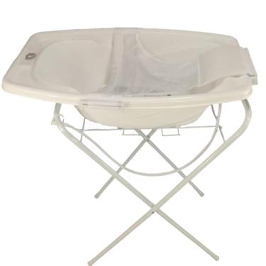 Imagem de BANHEIRA PARA BEBÊ 25 LITROS COM VÁLVULA SUPORTE E REDE ROSA AZUL BRANCA (Branco + Suporte Branco)