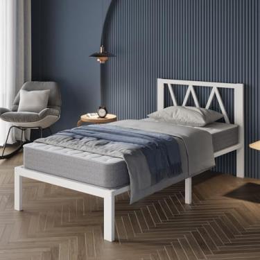 Imagem de Avenco Estrutura de cama de solteiro de 35,5 cm com cabeceira, estrutura de cama de plataforma de metal branco, estrutura de cama de solteiro sem necessidade de mola box, montagem fácil, suporte de